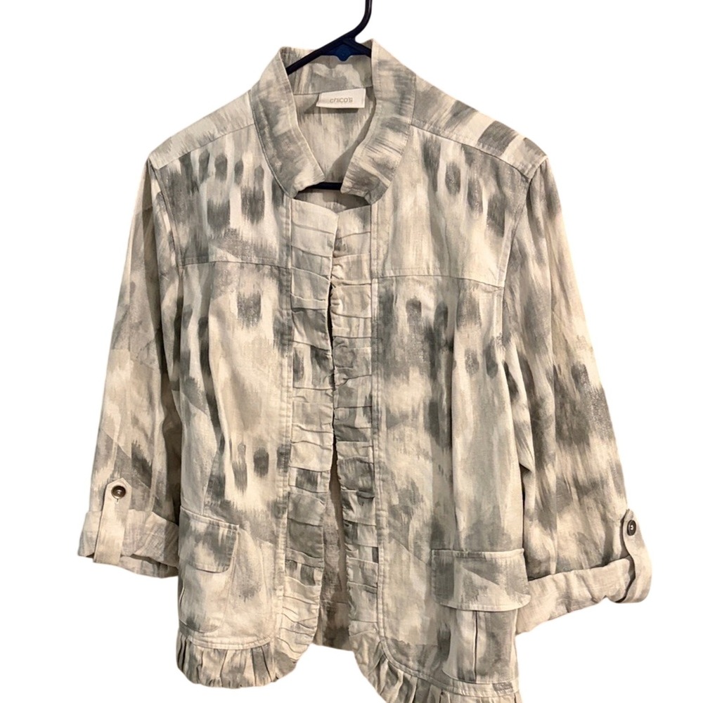 Chico's Linen Blend Jacket Gray Abstract Print Blazer LG/XL Artsy Boho